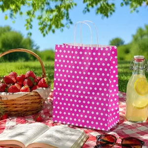 Festival Gift Packaging Polka Dot Pink Paper Bag With Rope Handle