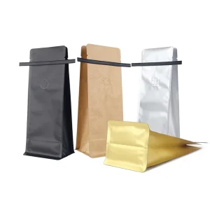 Flat Bottom Coffee Bag with Valve and Tin Tie Eight Side Seal Pouch Matte Black Kraft Paper Food Packaging