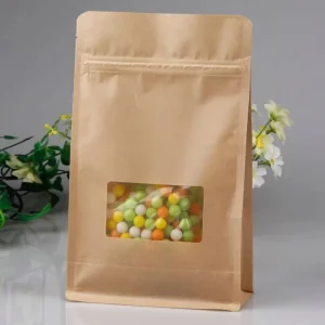 Flexible Flat Bottom Food Grade Recyclable Kraft Paper Bags with Zipper Top and Window for Feed Packaging