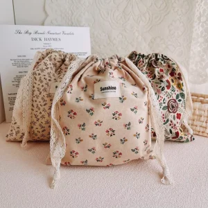 Floral Pint Foldable Cotton Bags Travel Large Drawstring Lace Dust Bag