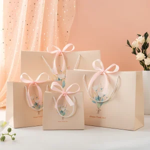 Flower Gift Paper Bag with Bow Handle Mother’s Day Gift Bag Birthday Present Packaging Shopping Bag