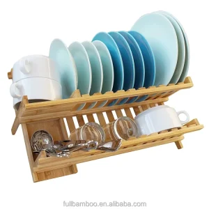 Folding Countertop Double Tier Multifunction Bamboo Utensil Organizer Dish Drainer and Drying Rack
