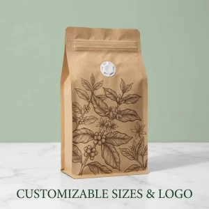 Food Grade Kraft Paper Black Coffee Bags with Valve and Zipper Stand up Pouch Custom Packaging Flat Bottom