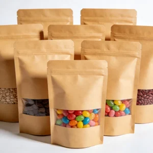 Food Grade Kraft Paper Stand Up Pouch With Window Resealable Ziplock Nut Snack Packaging Eco Custom Printed Shock Resistant