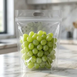 Food Grade Transparent 15x25cm Stand up Zip Lock Pouch with Die cut Handle and Ventilation Holes for Fresh Fruit Packaging