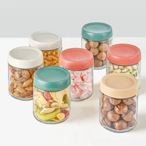 Food Package Round Glass Jars 300ml 500ml Clear Food Container for Candy Snacks with Plastic Caps