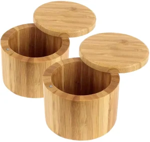 Food Safe Kitchen Bamboo Salt Cellar with Magnetic Swivel Lid Round Square Compartmental Wood Box for Seasoning Storage