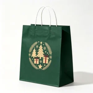 Forest Green Holiday Paper Tote Bag Golden Circular Christmas Tree Gift Wreath Design White Cord Handle Portable Gift Carry Bag