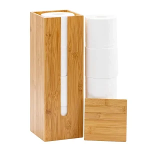 Freestanding Bamboo Toilet Paper Holder with Lid for 3 Rolls Bathroom Storage Organizer Stand