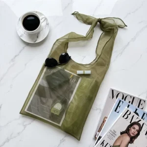 French Romantic Sheer Organza Shoulder Bag Aesthetic Bow Tie Strap Mesh Tote Bag Transparent Beach Shopper Bag Custom Logo