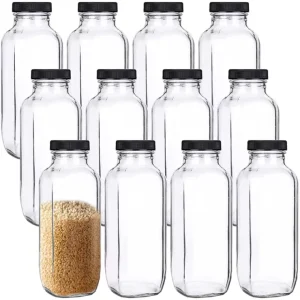 French Square Glass Jar Clear Bottle with Black Plastic Lid for Herbs Spices Juice 2 oz 3 oz 4 oz 8 oz 12 oz 16 oz