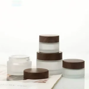 Frosted Glass Cream Jar with Plastic Wood Grain Lid for Face Cream & Eye Cream Custom Logo Cosmetic Refill Storage Container