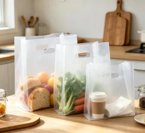 Frosted PE Die Cut Handle Plastic Bags Custom Logo Reusable Transparent Shopping Tote Bags for Food Storage