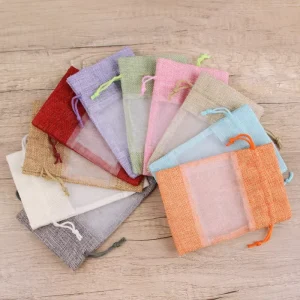 Gift Package Drawstring Bags with Organza Window Jute Burlap Wedding Party Favors Small Pouches 10x14cm