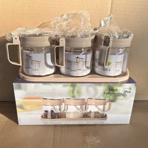 Glass 3 Piece Seasoning Jar Set with Lid Spoon Tray Kitchen Oil & Salt Storage Bottle Sugar Spice Storage Can Giveaway Gift