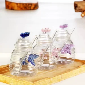 Glass Honey Jar with Butterfly Embellishments Multi Color Options Available Perfect for Kitchen & Gifting