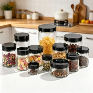 Glass Jar 30ml-1000ml Clear Round Food Storage Container with Black Plastic Screw Lid for Spice Coffee Honey Jam Packaging