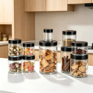 Glass Jar 30ml 50ml 100ml Clear Round Food Storage Glass Container with Black Plastic Screw Lid for Spice Honey Jam Packaging