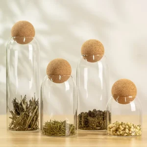 Glass Jar with Sphere Cork Stopper Wide Mouth Clear Canister for Leaf Tea Coffee Beans Dry Food Storage Kitchen Organization