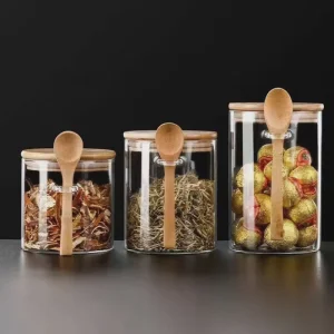 Glass Jars High Borosilicate 500ml 650ml 750ml Round Kitchen Food Storage with Bamboo Spoon