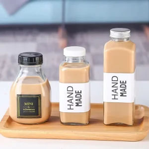 Glass Milk Bottle 250ml 300ml 350ml 500ml Square Juice Milk Beverage Cold Brew Coffee Bubble Glass Bottle with Plastic Screw Cap