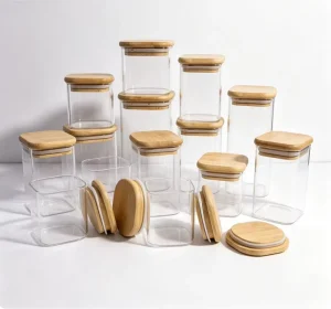 Glass Square Jars 30ml 500ml for Food Cream Jam & Essential Oil with Bamboo Cap and Silk Screen Label Box Packaging