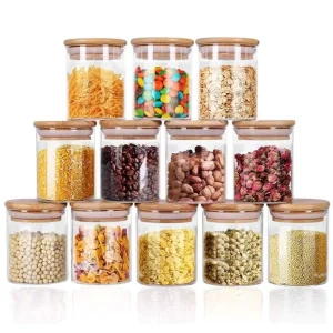 Glass Storage Jar Bamboo Lids 6oz Food Storage Container Sealed for Home Kitchen set of 12pcs