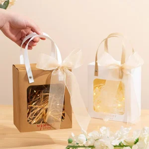 Glossy Matt Lamination Transparent Window Shopping Gift Fashion Art Paper Bag with Silk Ribbon Handles