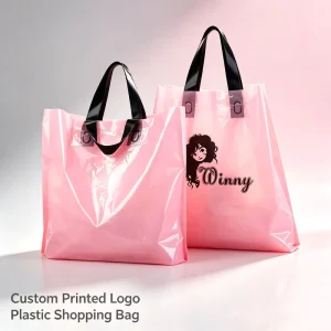 Glossy Pink Plastic Shopping Tote Custom Logo Waterproof Hand Bag for Clothing Boutique Cosmetic Salon Gift Packaging