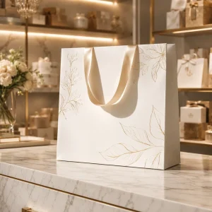 Gold Embossed Custom Gift Bags Premium White Paperboard for Boutique Gifting