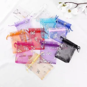 Gold Silver Foil Butterfly Pattern Organza Bag for Jewelry Organza Garment Bag Gift Drawstring Pouch Organza Bag for Christmas