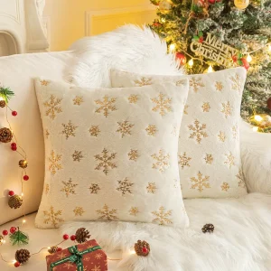 Gold Silver Snowflake Sequin Custom Faux Fur Plush Throw Pillow Case Cover Recycled Polyester Christmas Pillow
