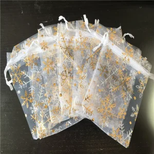 Gold Stamping Snowflake Small Organza Drawstring Bags for Christmas Gift Packaging 7*9cm Organza Gift Bags