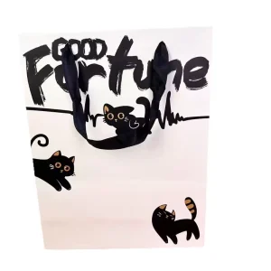 Good Fortune Black Cat Print Paper Gift Bags Black Ribbon Handle Shopping Bags for Holiday Cosmetic Present Packaging