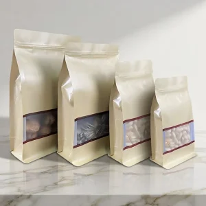 Grease proof Metalized Brown Kraft Paper Flat Bottom Pouch With Window Zip Lock Zipper Plastic Bags Gusset Pouch Food Packaging