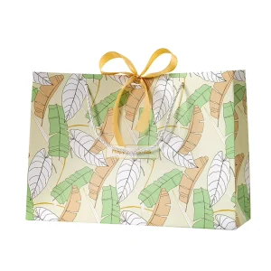 Green Leaf Gift Paper Bag with Bow Handle for Clothing Gifts and Party Favors