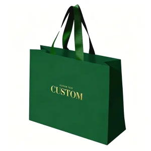Green Premium Shopping Bags With Thick Green Ribbon Handles Custom Gold Foil Double line Brand Text Print for High end Retail