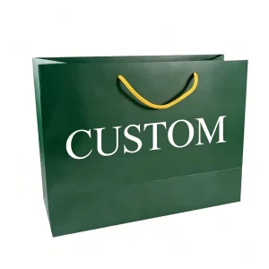Green Shopping Paper Bags with Bright Yellow Rope Handles Custom Big White Brand Print for Festival Wine Gift Retail Packaging