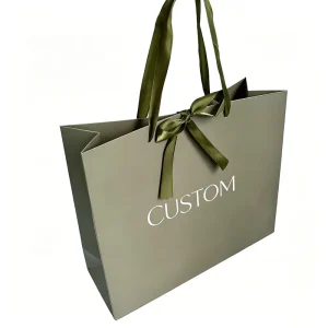 Green Shopping Tote Bags With Coordinated Satin Ribbon Bow Custom White Brand Logo Print for High end Cosmetic Apparel Gift