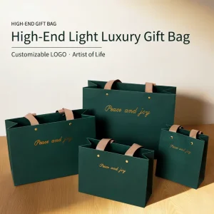 Green Specialty Card Paper Bag with Hot Stamping UV Printing Luxury Packaging for Glasses & Watch Customizable Ribbon Handle