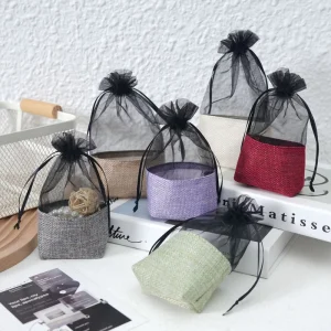 Half Organza Screen Printed Drawstring Bags Wedding Favor Gift Bags for Coffee Beans Candy Makeup Jewelry Packaging