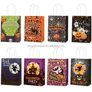 Halloween Pattern Pumpkin Print Kraft Paper Bags 21*15*8cm Hot Selling Candy & Gift Bags for Holiday Promotion Parties