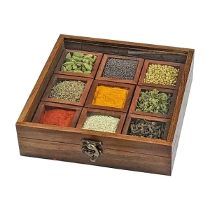 Handcrafted Wooden Square Box with Glass Lid Masala Wooden Spice Box Wooden Storage Box