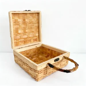 Handmade Natural Woven Wood Storage Basket with Bamboo Handle Decorative Wooden Keepsake Box Gift Packaging Basket for Home