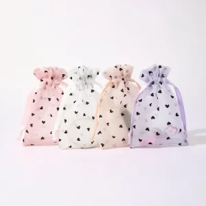 Heart Pattern Organza Drawstring Bags Reusable Sheer Mesh Pouches for Jewelry Gifts Wedding Cosmetic