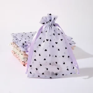 Heart Pattern Organza Drawstring Pouch Sheer Mesh Gift Bag for Jewelry Wedding Favors Candy and Cosmetic Packaging