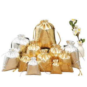 Heavy Duty Gold PVC Drawstring Pouch Factory Outlet Gift Bag for Jewelry Candy Chocolate Wedding and Christmas Party Favors