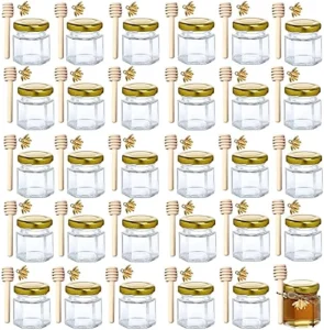 Hexagon Glass Honey Jar Set Gold Lid Bee Charm Wooden Dipper Twine Wedding Favor 100ml 220ml 380ml Empty Food Storage