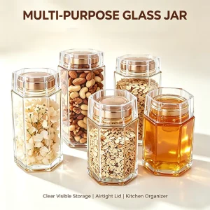 Hexagonal Thick Bottom Glass Storage Jars Airtight Lids Multipurpose Glass Container for Honey Nuts Cereal Dried Flowers Storage