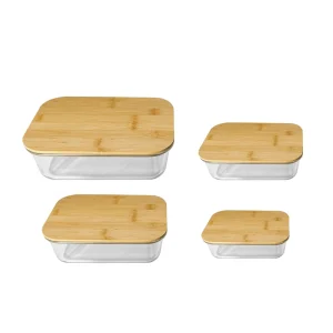 High Borosilicate Glass Butter Box Rectangle Wood Bamboo Organizer Food Container with Thermal Safe Features for Kitchen Use